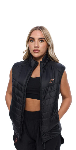 Blonde Female wearing black gilet standing in front of a white background