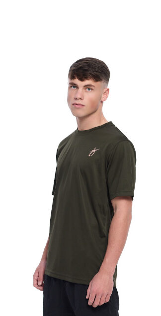 Male wearing green training top standing in front of a white background