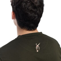 reverse picture of Male wearing green training top standing in front of a white background