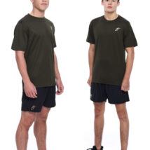 2 Males wearing green training top and black shorts standing in front of a white background