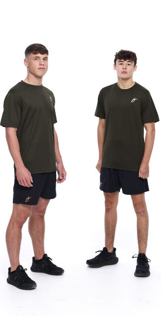 2 Males wearing green training top and black shorts standing in front of a white background