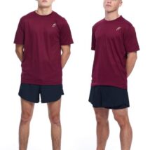 2 Males wearing red training top and black shorts standing in front of a white background